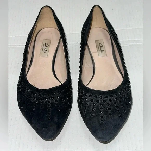 Clarks Narrative Black Studded Pointed Toe Flats Size 8.5 Leather - Picture 4 of 8